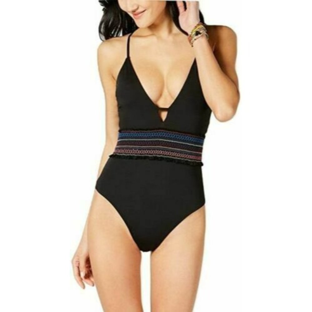 NWT Bar III Smockeing Solids One Piece Plunge Swimsuit Large Black Colorful